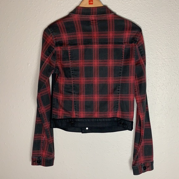 Rare HUDSON jean’s black & red buffalo check denim Jean Jacket Sz S Stretch - Picture 8 of 13
